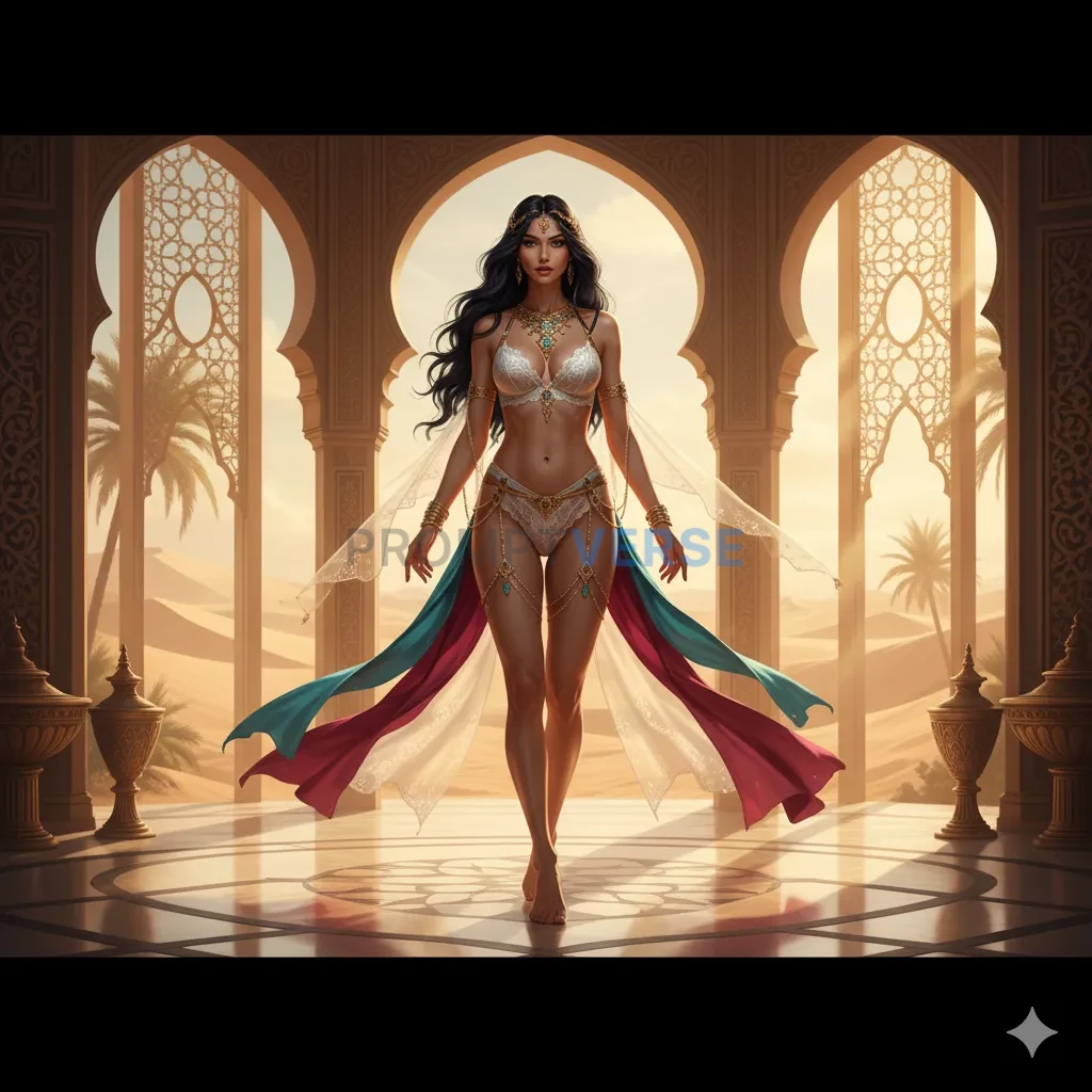 A captivating woman stands in the heart of a sun-drenched desert palace, her silhouette elegantly defined with a slender yet c - PromptVerse