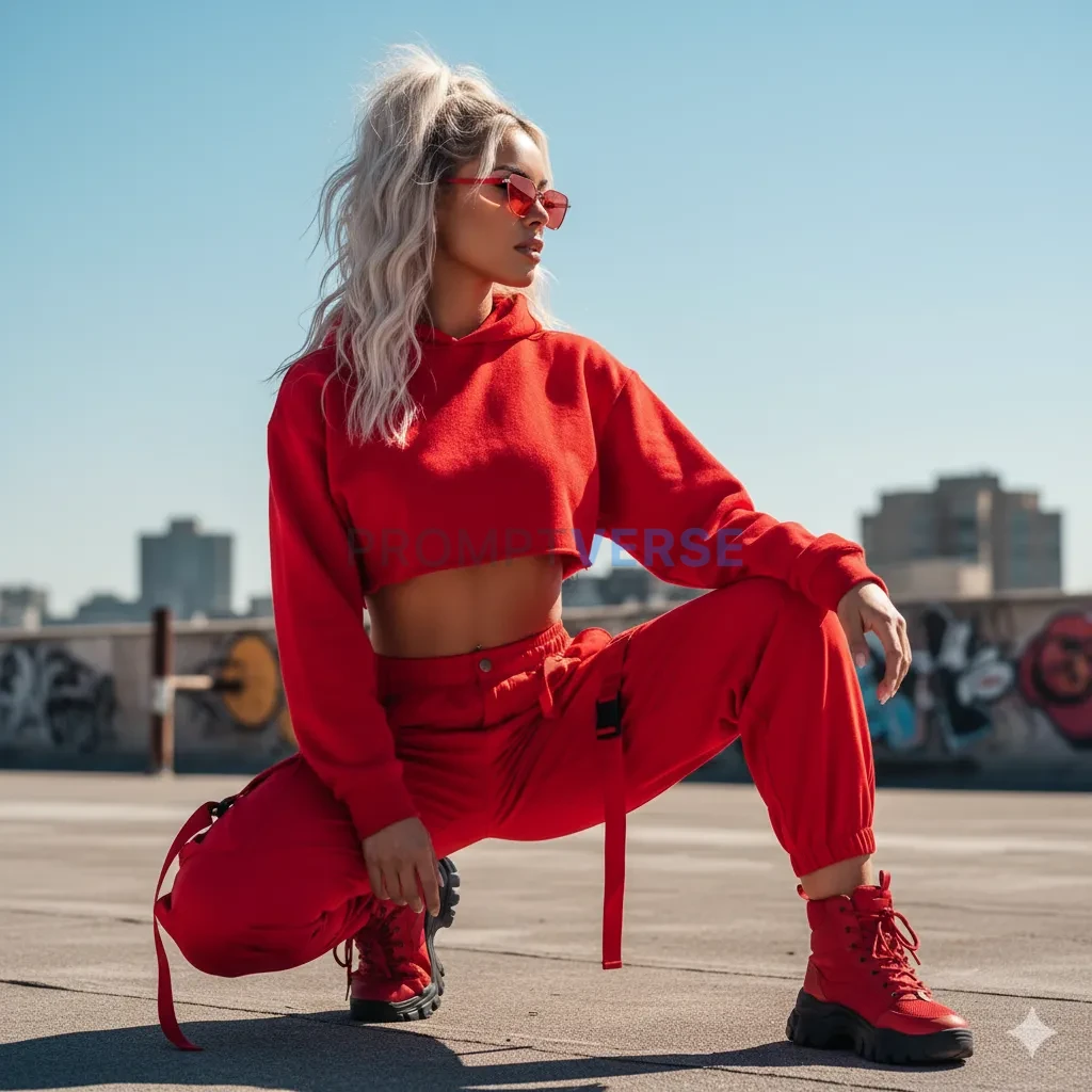 hot latina female model with red urban clothes and red sunglasses, hneeling sqating, pose. looking to side full view portrait, - PromptVerse