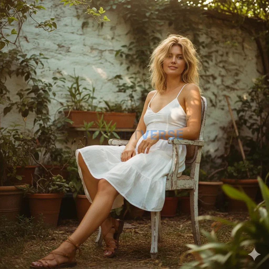 A candid, low-angle shot of a beautiful blonde woman with messy hair, wearing a white sundress and strappy sandals. She is sit - PromptVerse