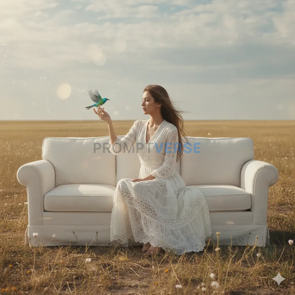 a woman sitting on top of a couch in a field, skinny girl in white boho lanced dress, lalisa manobal, alluring girl with long  - PromptVerse