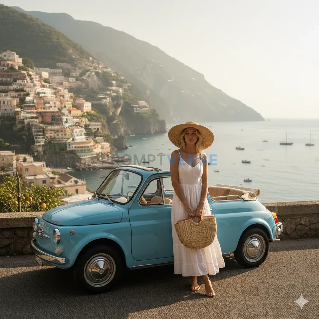 Stylish traveler wearing a straw hat and white dress, holding a woven bag, standing near vintage car by Italian coast. - PromptVerse