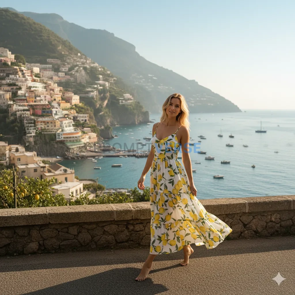 Elegant lady in a lemon-patterned dress walking along the terrace of Positano, turquoise sea background, realistic portrait. - PromptVerse