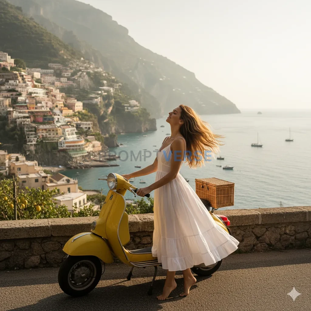 Woman in a white sundress standing by a yellow Vespa on the Amalfi coast, cinematic morning light, soft breeze through her hai - PromptVerse
