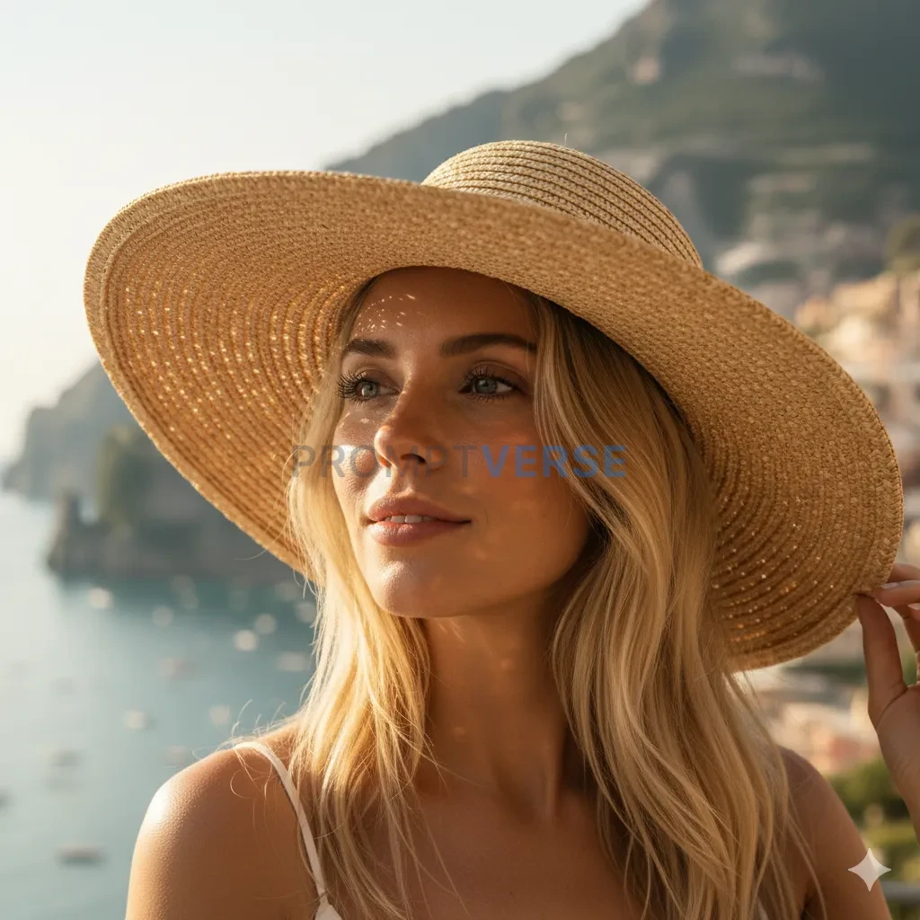 A portrait of a woman, her face beautifully illuminated by the patterned light coming through a straw hat. - PromptVerse