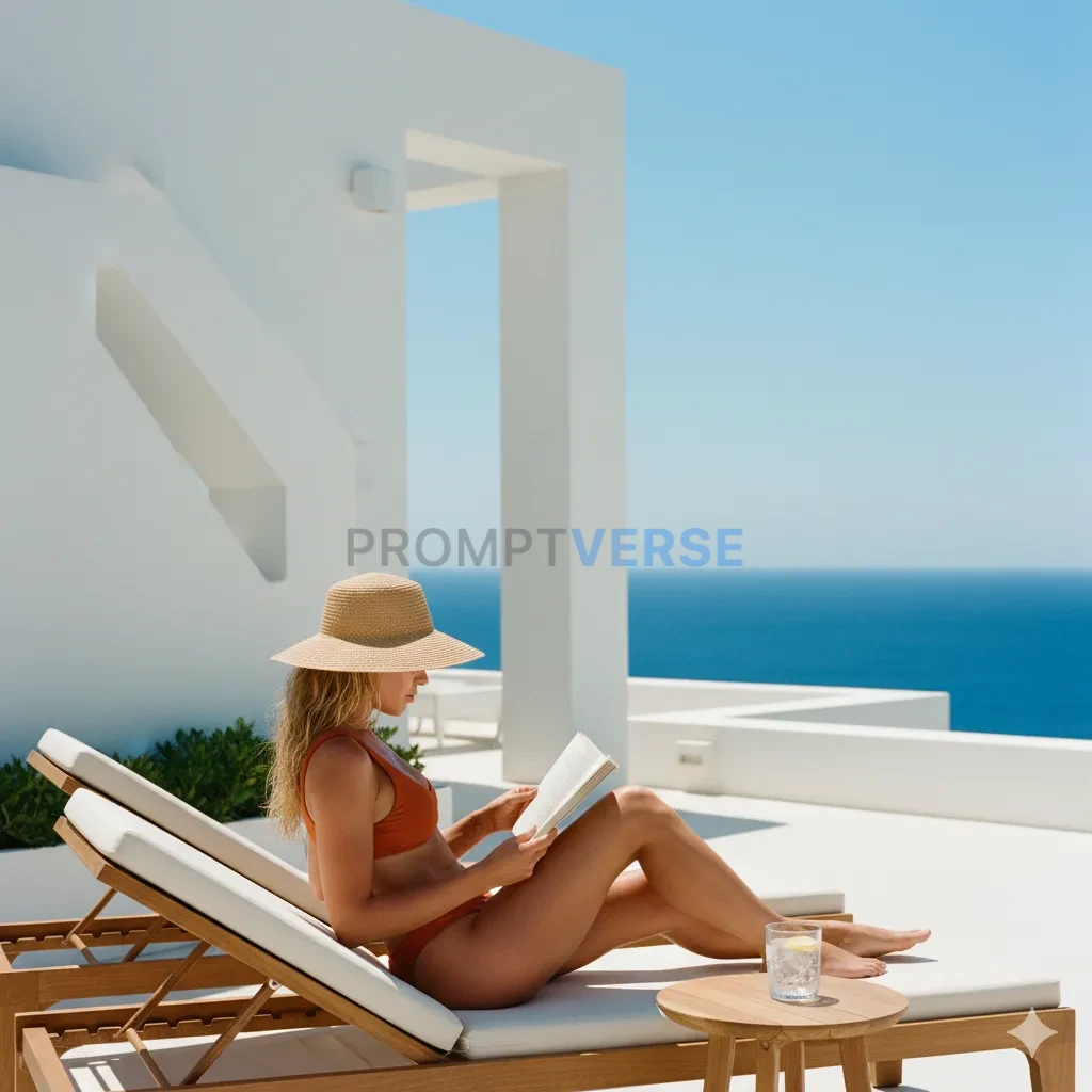 A woman in a burnt orange bikini, reading on a sun lounger, with the stark white architecture of Ibiza in the background. - PromptVerse