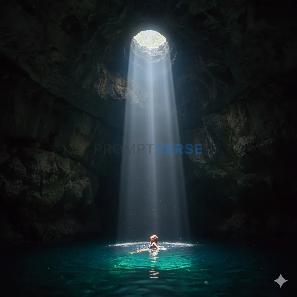 A cinematic shot of a woman swimming alone in a vast, natural sea grotto with a hole in the ceiling letting in a single shaft  - PromptVerse