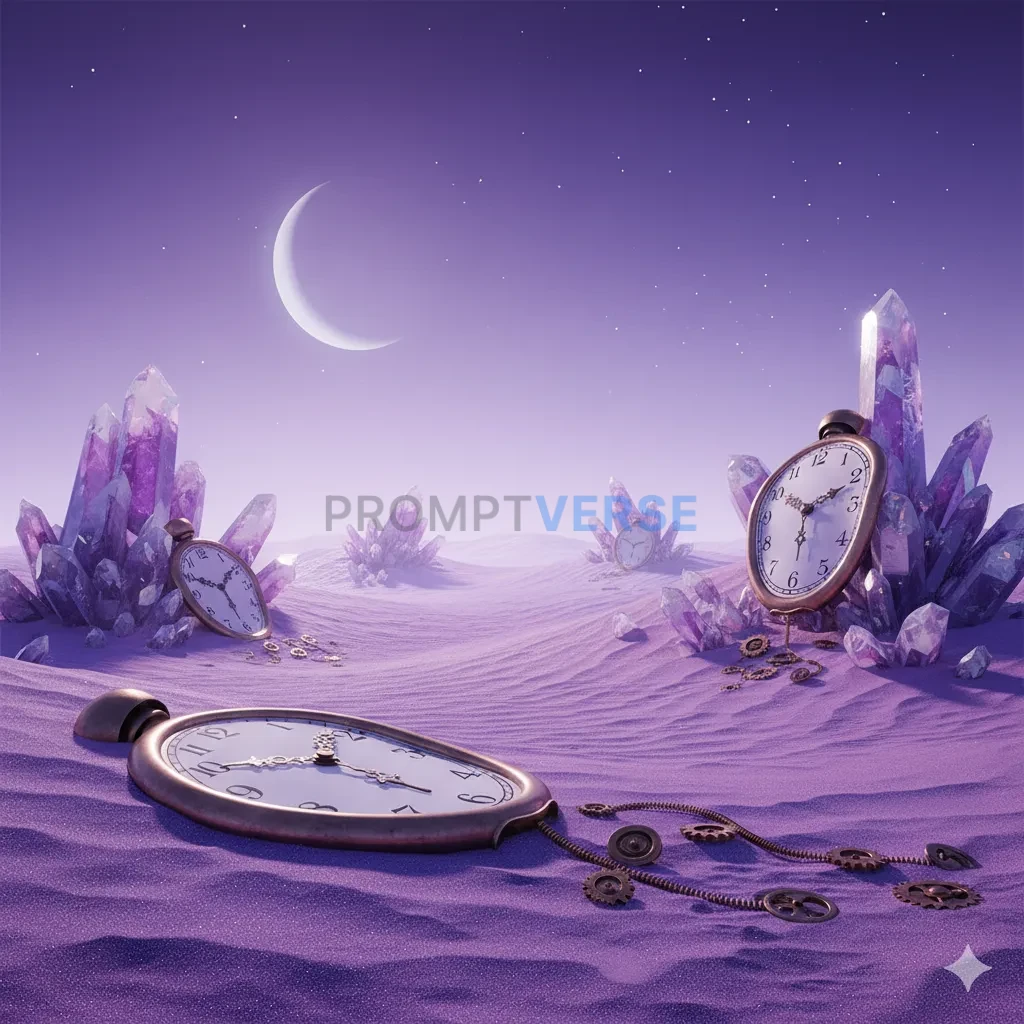 A vast, silent desert where the sand is made of fine, purple dust and giant, melting clocks are draped over crystalline dunes. - PromptVerse
