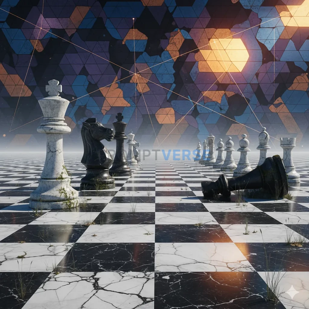 An infinite, perfectly flat chessboard plain, with colossal, weathered chess pieces scattered like ancient ruins under a geome - PromptVerse