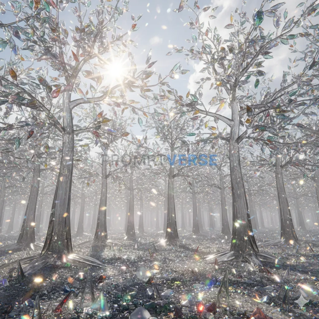 A forest where the trees are made of glass and the leaves are sharp, glittering shards, refracting the light in beautiful but  - PromptVerse