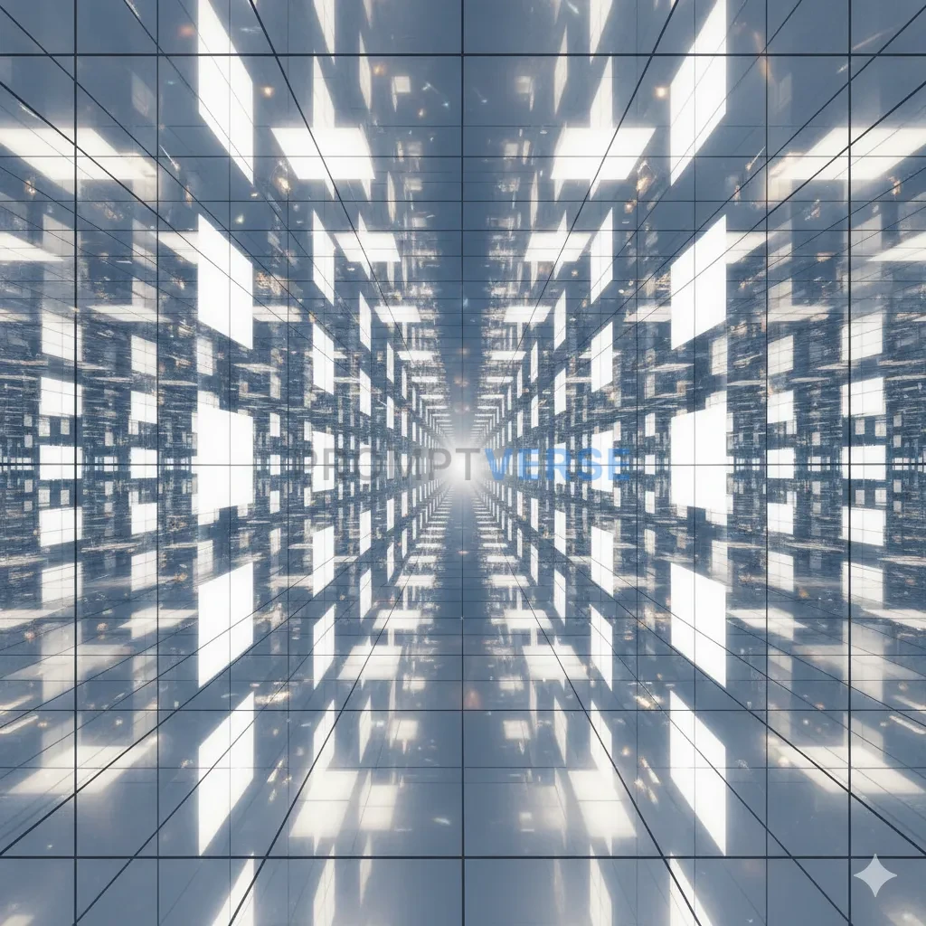 An infinite, empty room where the walls, floor, and ceiling are perfect mirrors, creating a terrifying and beautiful fractal r - PromptVerse