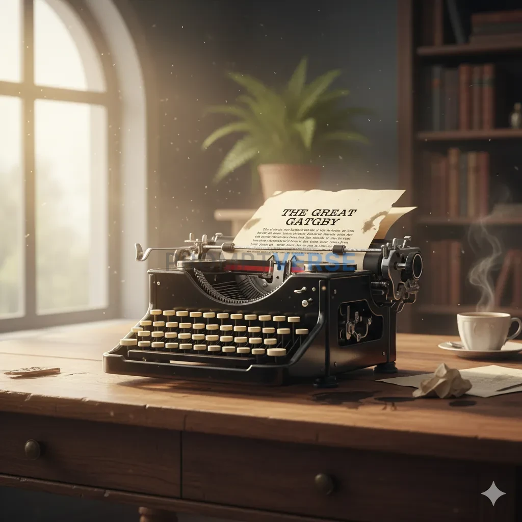 A vintage, 1920s-style typewriter, sitting on a wooden desk, with a ha