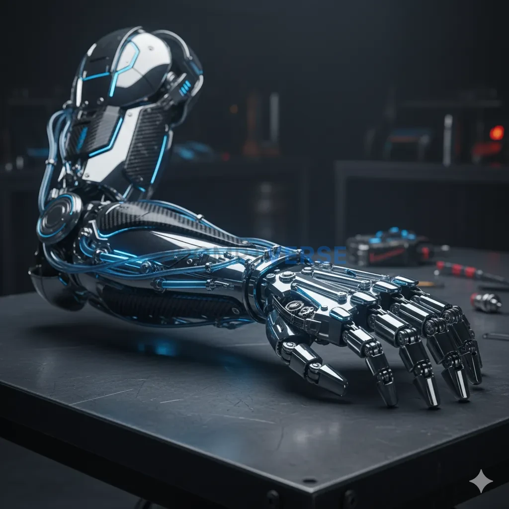 A cybernetic arm, a complex fusion of polished chrome, carbon fiber, and glowing blue circuits, resting on a table. - PromptVerse