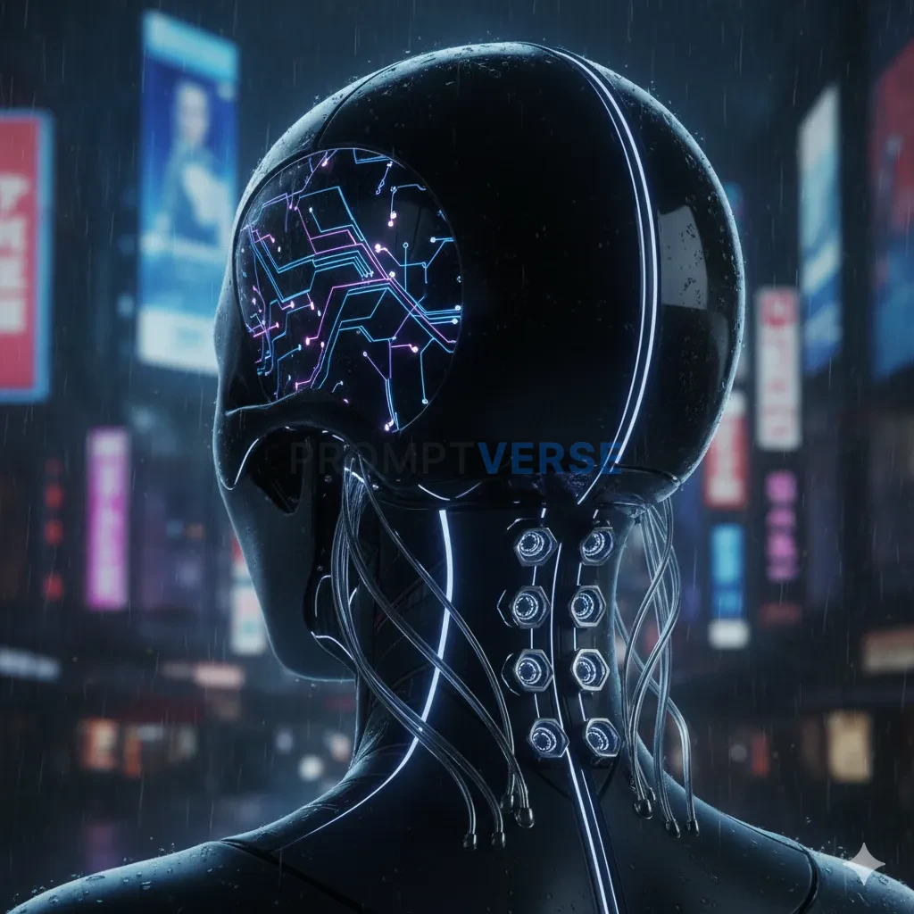 A "ghost-in-the-shell" style, cybernetic brain interface, with delicate wires connecting to ports at the back of the neck. - PromptVerse