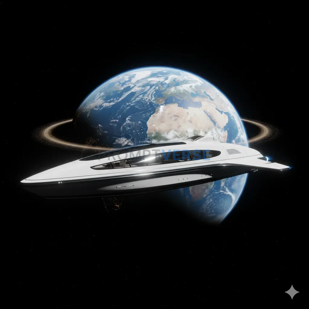 A futuristic, luxury space yacht, its minimalist design and clean white lines contrasting with the blackness of space and a ne - PromptVerse