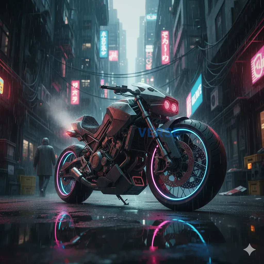 A gritty, heavily-modified cyberpunk motorcycle with glowing neon wheel rims, parked in a rainy, puddle-filled alley in Neo-To - PromptVerse