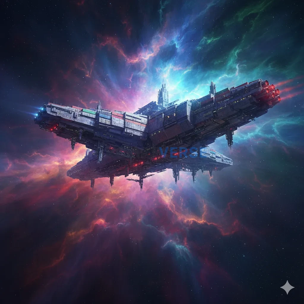 A massive, continent-sized cargo hauler starship, exiting a vibrant, multi-colored nebula, cinematic sci-fi concept art. - PromptVerse