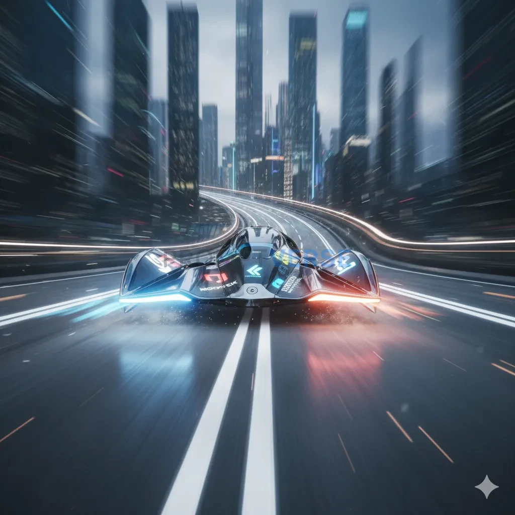 A sleek, anti-gravity racing vehicle hovering inches above a futuristic track, its surface shimmering with holographic sponsor - PromptVerse