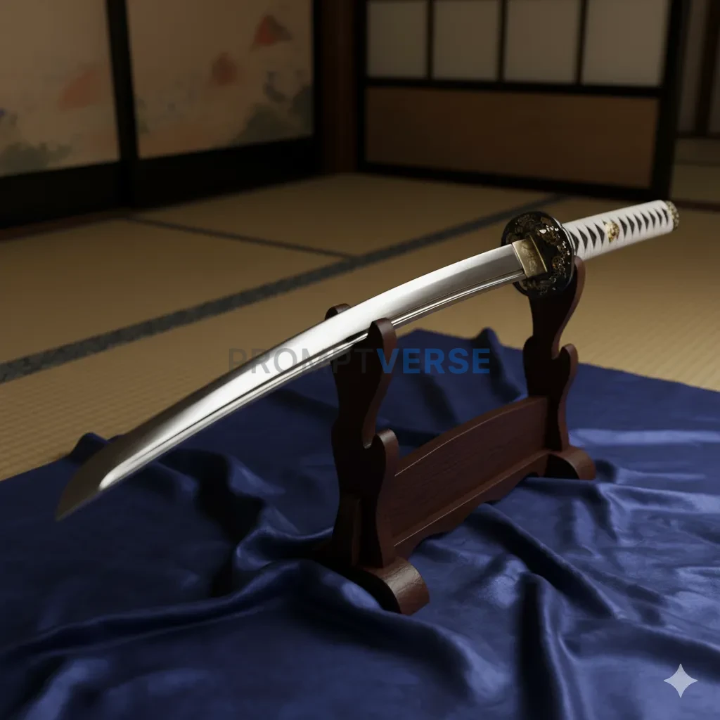 A legendary, ornate Samurai katana, its blade perfectly polished and razor-sharp, resting on a silk cloth on a traditional sta - PromptVerse