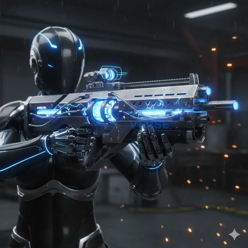 A futuristic, high-caliber plasma rifle, its coils glowing with a dangerous, blue energy, ready to be fired. - PromptVerse