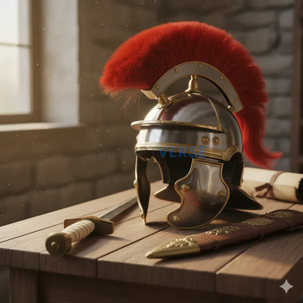 The helmet of a Roman Centurion, with its distinctive, red horse-hair crest, sitting on a table next to a gladius. - PromptVerse