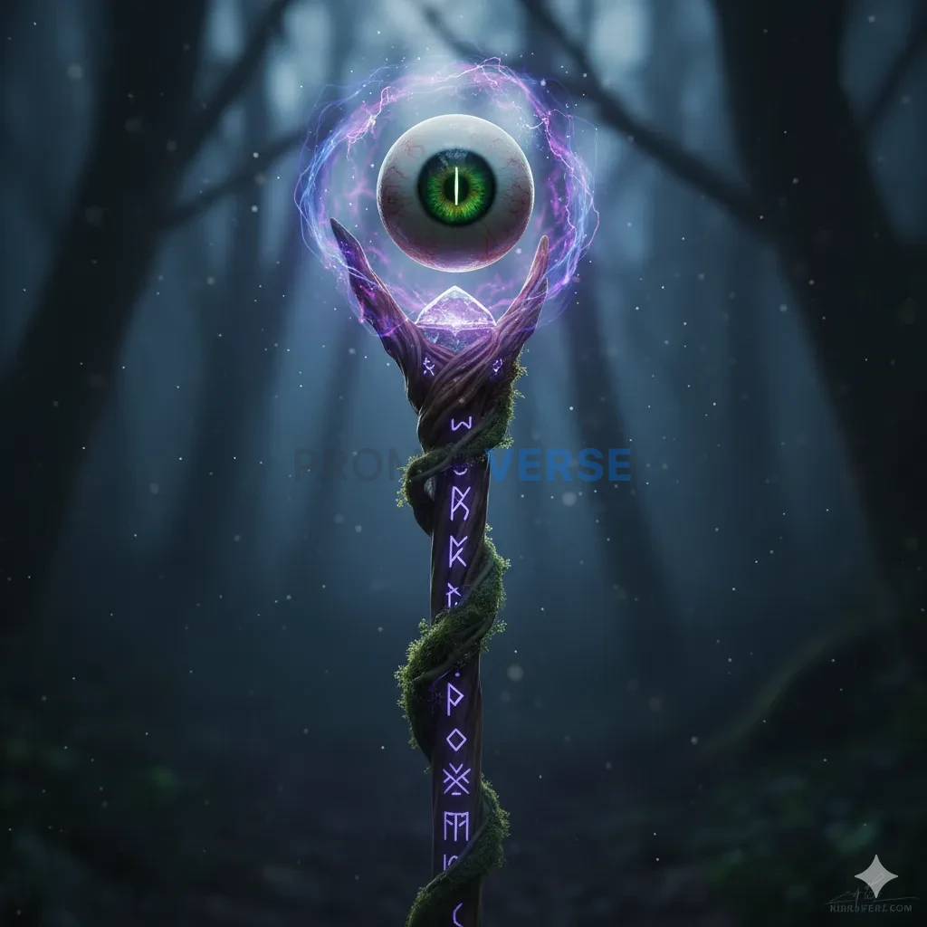 A magical staff that is topped with a perfectly preserved, floating eyeball that constantly looks around. - PromptVerse